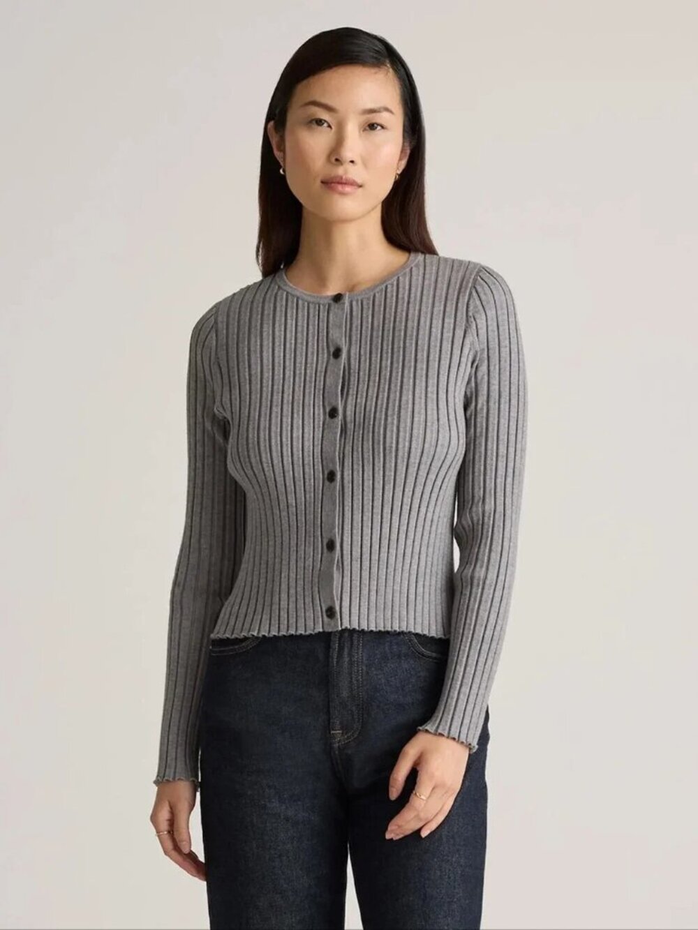 Quince Eco-Knit Cropped Rib Cardigan Size M Heather Gray Minimalist Quiet Luxury